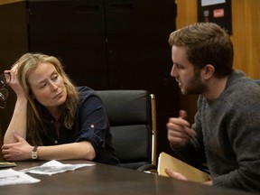 Jennifer Ehle and Ben Platt as snarky editor and sad-sack journalist in Run This Town.