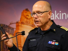Tom Sampson, chief of the Calgary Emergency Management Agency,speaks to reporters in this 2018 file photo. Sampson says Calgary will continue to deliver essential services as COVID-19 potentially spreads.