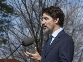 Prime Minister Justin Trudeau holds a news conference at Rideau cottage in Ottawa, on Friday, March 13, 2020. Trudeau got thanks from Canada's premiers Friday for $11-billion in federal funding to confront the health and economic impact of the rapidly spreading novel coronavirus -- but heard that much more will be needed to weather the crisis.