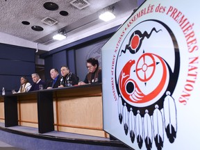 Indigenous leaders from across Canada say they are worried supports promised by the federal government to help First Nations, Inuit and Metis deal with the fallout of COVID-19 might not do enough to prevent the most vulnerable people from falling through the cracks. Assembly of First Nations (AFN) National Chief Perry Bellegarde, second from right, is joined by First Nations leaders during a press conference at the National Press Theatre in Ottawa, Tuesday, Feb. 18, 2020.