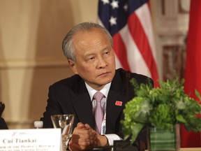 Cui Tiankai, China's Ambassador to the US participates in the Plenary Session of the US-China Consultation on People-to-People Exchange during the seventh US-China Strategic and Economic Dialogue at the US State Department  in Washington DC, June 24, 2015.  The United States and China vowed to avoid confrontation as they headed Wednesday into a final day of key talks, confronting head-on differences on issues such as cyber security and freedom of the seas.