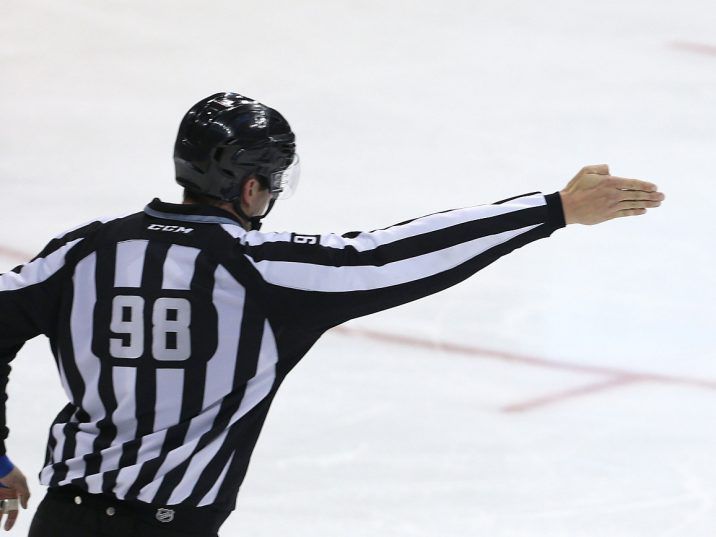 An offside call during NHL action between the Jets and Carolina Hurricanes on Oct. 22, 2016 at the MTS Centre in Winnipeg, Man.