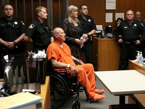 SACRAMENTO, CA - APRIL 27:  Joseph James DeAngelo, the suspected "Golden State Killer", appears in court for his arraignment on April 27, 2018 in Sacramento, California. DeAngelo, a 72-year-old former police officer, is believed to be the East Area Rapist who killed at least 12 people, raped over 45 women and burglarized hundreds of homes throughout California in the 1970s and 1980s.