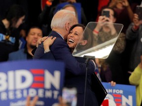 Democratic U.S. presidential candidate and former U.S. vice-president Joe Biden  is greeted by U.S. Sen. Kamala Harris during a campaign stop in Detroit, Mich., on March 9, 2020.