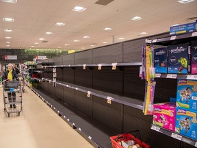 People shop at a grocery store amid coronavirus fears, in Toronto on March 13.