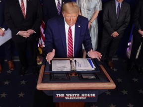 U.S. President Donald Trump addresses the coronavirus response daily briefing with members of the administration's coronavirus task force, at the White House in Washington, D.C., on March 20.