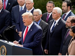 U.S. President Donald Trump declares the coronavirus pandemic a national emergency during a news conference in the Rose Garden of the White House in Washington, U.S., March 13, 2020.