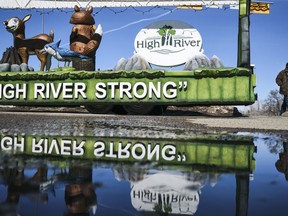 A parade float encourages residents to stay strong in High River, Alta., Friday, March 27, 2020, amid a worldwide COVID-19 flu pandemic.