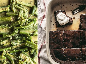 Braised celery, left, and gingerbread with lemon sauce