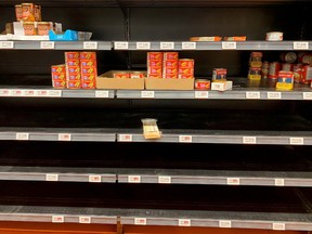 Shelves empty of tuna and canned meats, amid an atmosphere of growing numbers of coronavirus cases, are seen at a Loblaws supermarket in Toronto, Ontario, Canada March 14, 2020.