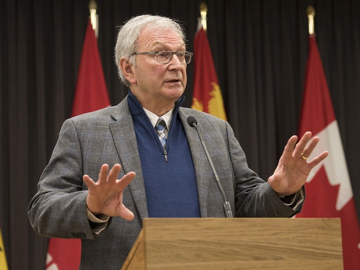  New Brunswick Premier Blaine Higgs speaks with the media in Fredericton on Feb. 17.