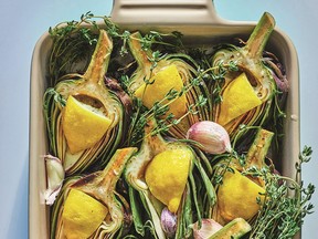 Oven-roasted artichokes and garlic from Sababa