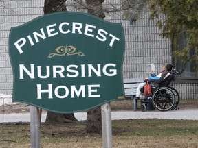 A resident enjoys the fresh air outside of the Pinecrest Nursing Home in Bobcaygeon where three residents have died; in one of Ontario's largest COVID-19 outbreaks thus far.  14 health care workers have also tested positive, and 35 more patients are experiencing symptoms