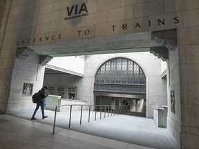 Toronto's usually bustling Union Station is largely empty on March 17, as Canadians are urged not to take public transit.