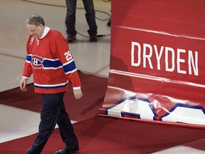 Ken Dryden walks from the banner bearing the number he wore for the Montreal Canadiens from 1971 to 1979, which was retired on January 29, 2007.