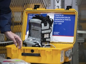 A ventilator is displayed during a news conference, Tuesday, March 24, 2020 at the New York City Emergency Management Warehouse, where 400 ventilators have arrived and will be distributed.
