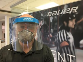 A man wears a protective mask in a handout photo. Canadian hockey equipment manufacturer Bauer is offering to modify its production line to make protective visors for doctors, nurses and first responders. THE CANADIAN PRESS/HO-Bauer-Ivan Labonte mandatory credit