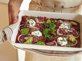 Swiss chard enchiladas in red sauce from Start Simple