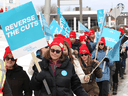 Members of the Ontario English Catholic Teachers' Association take part in strike action in Sudbury, Ont. on March 5, 2020.