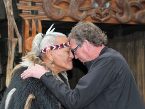 The hongi is a Maori greeting through shared breath, part of the powhiri (welcoming ceremony) at the Ko Tane Maori Cultural Experience.