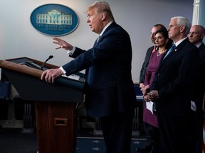 President Donald Trump speaks during a press briefing with the coronavirus task force, at the White House, Tuesday, March 17, 2020, in Washington.