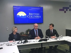 Premier John Horgan, centre, Provincial Health Officer Dr. Bonnie Henry, left, and Health Minister Adrian Dix take part in a conference call with B.C. faith leaders about COVID-19 in Victoria on Wednesday March 11, 2020.