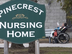 A resident enjoys the fresh air outside of the Pinecrest Nursing Home in Bobcaygeon on Saturday March 28, 2020.