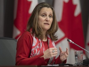 Deputy Prime Minister and Minister of Intergovernmental Affairs Chrystia Freeland is seen during a news conference in Ottawa, Wednesday, April 8, 2020.