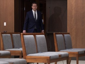 Leader of the Opposition Andrew Scheer arrives for a news conference in Ottawa, Monday, April 27, 2020.