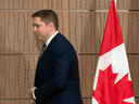 Conservative Leader Andrew Scheer leaves at the end of a news conference on April 23, 2020 in Ottawa.