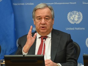 (FILES) In this file photo United Nations Secretary General Antonio Guterres speaks during a press briefing at United Nations Headquarters on February 4, 2020 in New York City.
