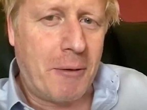 Britain's Prime Minister Boris Johnson is seen in a screengrab from a Twitter video update on April 3, 2020., after his recovery and discharge from hospital.