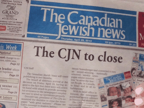 An issue of the Canadian Jewish News from April 2013, when it was set to be shut down until it was restructured and relaunched.