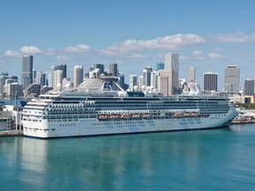 The cruise ship Coral Princess after it docked at Port Miami  on April 4, 2020 in Miami, Florida.