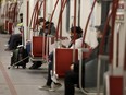 man is seen wearing a mask in the subway during morning commuting hours as Toronto copes with a shutdown due to the Coronavirus, on April 1, 2020 in Toronto, Canada.