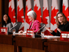 From right, Deputy Prime Minister Chrystia Freeland, Minister of Health Patty Hajdu and Chief Public Health Officer Dr. Theresa Tam hold their daily briefing on COVID-19 in Ottawa, April 9, 2020.