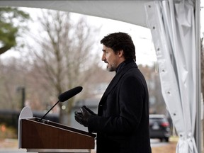 Prime Minister Justin Trudeau speaks during his daily press conference on the COVID-19 pandemic outside of his residence at Rideau Cottage in Ottawa, on Sunday, April 5, 2020.