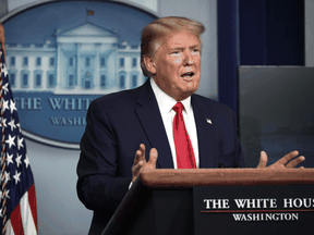 U.S. President Donald Trump speaks at the daily COVID-19 briefing at the White House April 20, 2020 in Washington, DC.
