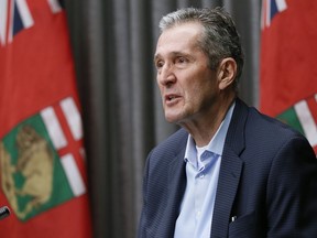 Manitoba Premier Brian Pallister speaks during a COVID-19 live-streamed press conference at the Manitoba legislature in Winnipeg Tuesday, March 31, 2020.