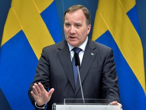 Sweden's Prime Minister Stefan Lofven speaks during the government's press conference regarding the coronavirus disease outbreak, in Stockholm, Sweden April 22, 2020.
