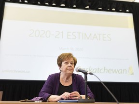 Donna Harpauer, Saskatchewan finance minister, speaks during an unusual Budget Day at the Legislative Building in Regina on March 18, 2020. The Saskatchewan government says COVID-19 means it could its see revenues decline up to $3.3 billion. Finance Minister Donna Harpauer says it's still early days and unclear how long restrictions on public interaction will be in place.