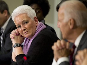 White House adviser Gayle Smith attends a meeting with Vice President Joe Biden, on President Barack Obama administration's response to Ebola in the Eisenhower Executive Office Building at the White House compound in Washington on Nov. 13, 2014.