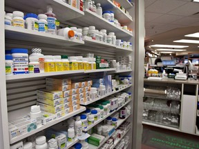 A shelf of drugs at a pharmacy in Quebec City on March 8, 2012. A new policy among pharmacists to restrict patients to a 30-day supply of their medications means some patients are having to pay dispensing fees two or three times over. The policy was put in place to prevent drug shortages while manufacturers struggle to produce enough product during COVID-19. But that means patients who would normally receive 90 days' worth of medication are now paying the dispensing fee three times instead of one.