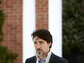 Prime Minister Justin Trudeau speaks during his daily press conference on the COVID-19 pandemic, in front of his residence at Rideau Cottage on Saturday, April 18, 2020.