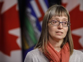 Alberta chief medical officer of health Dr. Deena Hinshaw updates media on the Covid-19 situation in Edmonton on Friday March 20, 2020. Alberta's chief medical officer is warning of prescription-dispensing abuse for drugs that are possibly, but not conclusively, linked to fighting COVID-19.