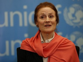 Henrietta Fore, executive director of UNICEF, speaks during an interview with the Associated Press, in Beirut, Lebanon, Thursday, March 8, 2018. Fore said there is a high level of severe malnutrition for children under five and that aid agencies need access in order to bring humanitarian supplies to the Damascus suburbs.