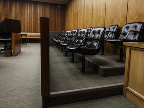 Jury box in a courtroom at the Edmonton Law Courts building, in Edmonton on Friday, June 28, 2019. The president of the Canadian Council of Criminal Defence Lawyers is worried the justice system will try to delay jury trials as it deals with COVID-19 at the expense of the rights of those accused of a crime.