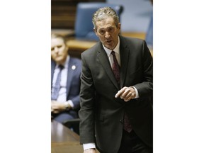 Manitoba Premier Brian Pallister speaks at an emergency COVID-19 physically distanced session at the Manitoba Legislature in Winnipeg, Wednesday, April 15, 2020.