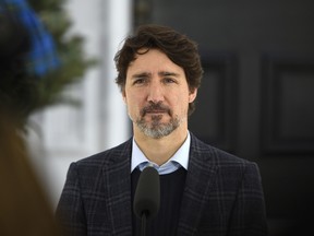 Prime Minister Justin Trudeau speaks during his daily news conference on the COVID-19 pandemic outside his residence at Rideau Cottage in Ottawa, on Saturday, April 25, 2020. THE CANADIAN PRESS/Justin Tang