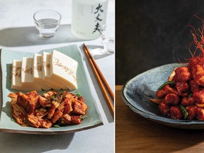 Warm tofu with kimchi and pork belly stir-fry (dubu kimchi), left, and Hanjan’s spicy rice cakes (tteokbokki)